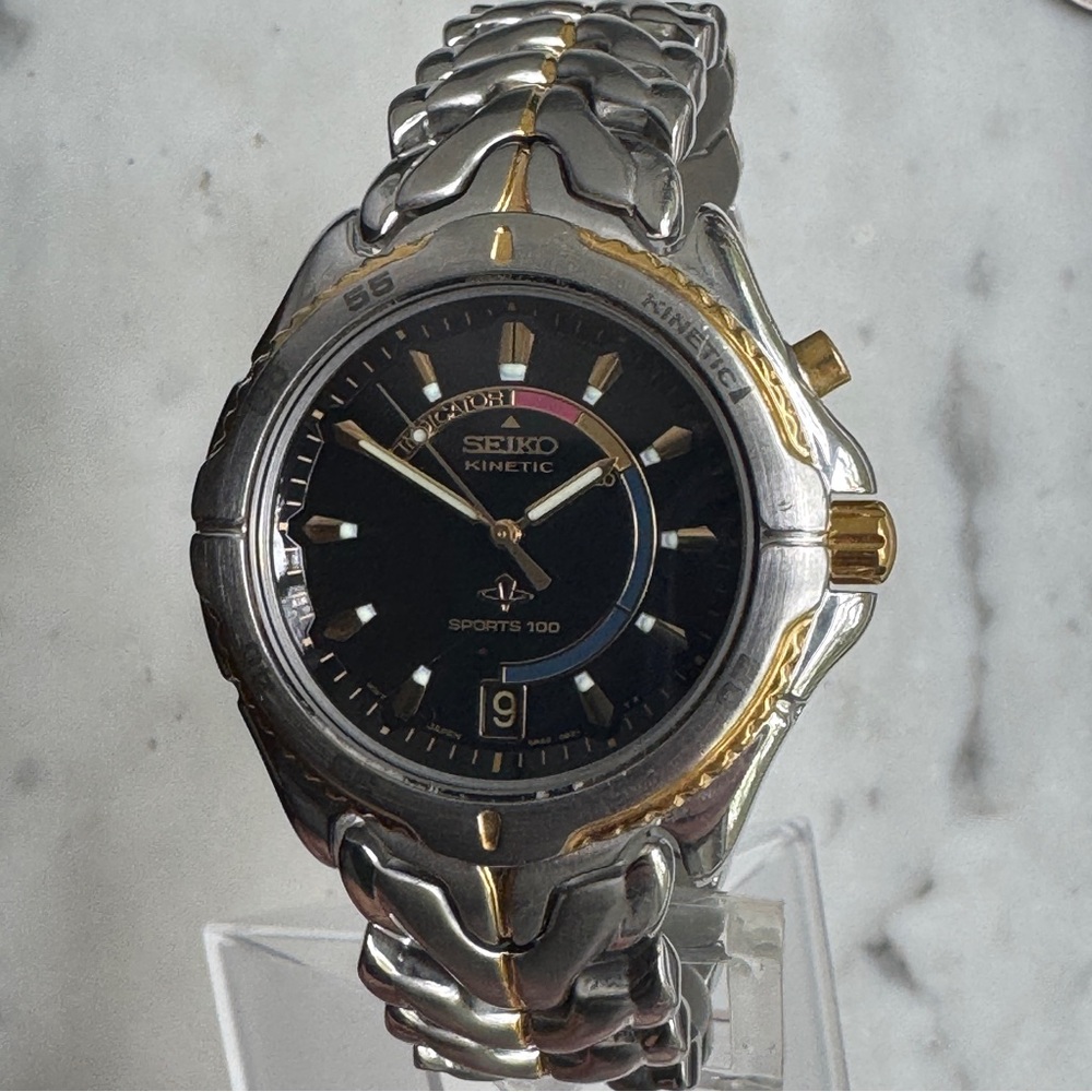 Seiko Kinetic Sports 100 Two-Tone Mens Date Watch w/ New Capacitor